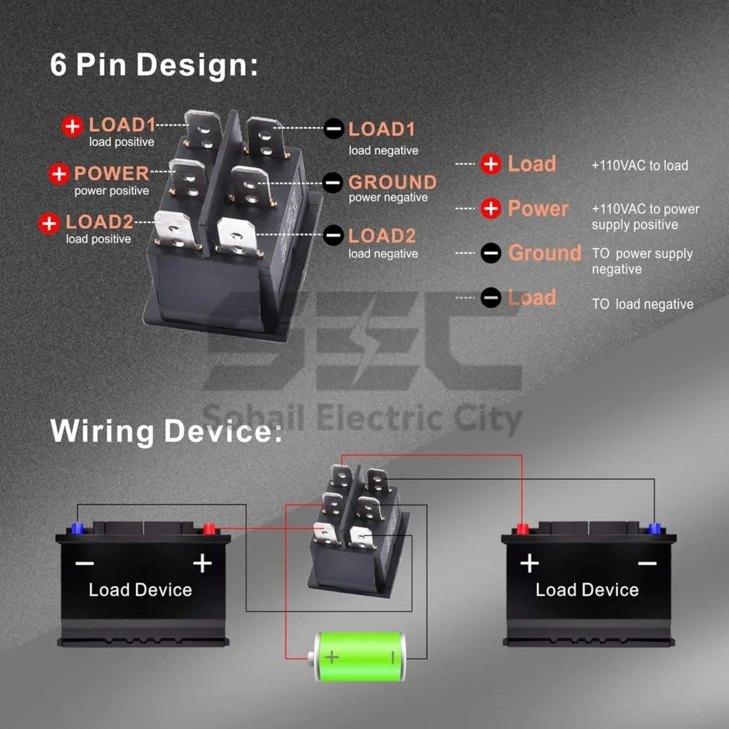 3-Position DPDT ON-OFF-ON Rocker Switch with LED, 6-Pin KCD2