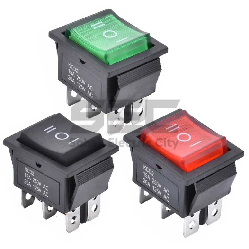 3-Position DPDT ON-OFF-ON Rocker Switch with LED, 6-Pin KCD2