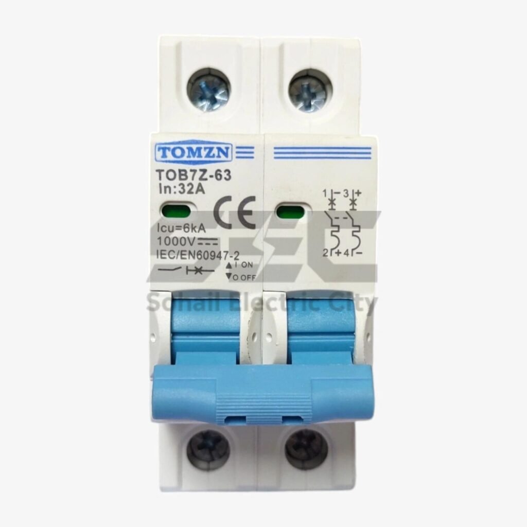 TOMZN TOB7Z-63 32A 2 Pole DC 1000V Solar Circuit Breaker – Reliable Protection for PV Systems